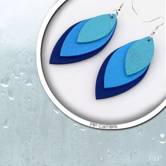 Blue Leaf Wood Earrings - Picture 1 of 1